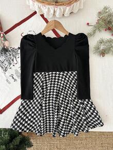 LMoss Kids LMoss Young Girl Knitted Solid Color Plaid Patchwork Casual Dress, Girls' Spring And Autumn French Style Dress, Burgundy Children's Dress, Girls' Long-Sleeved Dress, Girls' Winter Dress, Christmas, Comfortable Autumn And Winter Style, Autumn Comfortable Style, Long-Sleeved Dress, Autumn Dress, Carnival. - Multicolor - View 4