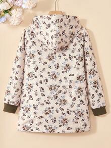 SHEIN Vintaside Kids 女童连帽加厚蓬松复古碎花中长款夹克，秋冬 - 咖啡棕 - 查看 2