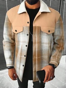 Manfinity Homme Casual Fashionable Versatile Men's Fuzzy Long Sleeve Jacket, Autumn/Winter Plaid Jacket Men Men Shacket Men Plaid Shacket Plaid Shirt Jacket Men - Yellow - View 5