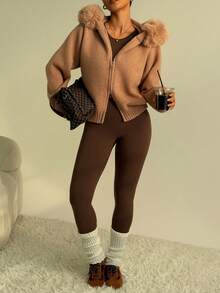 SHEIN Dewbera 女士仿毛领长袖连帽针织开衫，舒适棕色秋季开衫 - 卡其色 - 查看 5