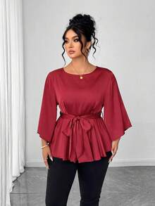 Elenzga Plus Size Round Neck Bell Sleeve Cinched Waist A-Line Blouse - Burgundy - View 4