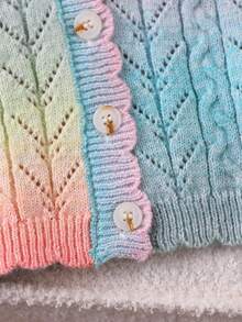 SHEIN Playful Pals 女童随机渐变镂空扭结缎带蝴蝶结纽扣针织开衫，柔软舒适，适合日常、户外、旅行、度假、居家、托儿所、女童玩耍穿着，秋冬季圣诞节万圣节毛衣 - 彩色 - 查看 6