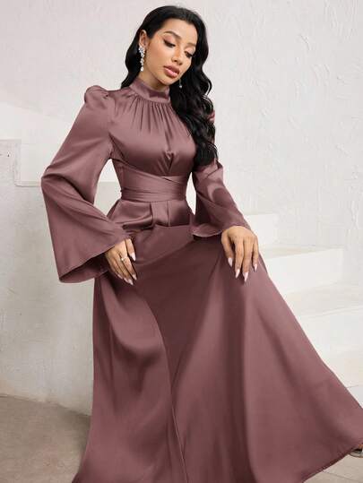 Veilorie Women's Solid Color Stand Collar Puff Sleeve Waist Cinched Elegant Arabic Style Dress