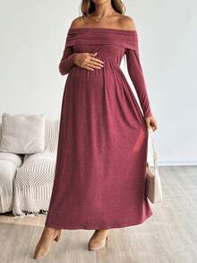 SHEIN Váy trễ vai trơn màu cho bà bầu, mùa thu - Đỏ - Xem 6