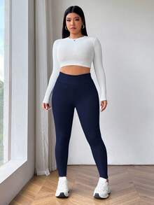 SHEIN CURVE+ Quần legging giữ nhiệt dày lót lông màu đen cỡ lớn cho mùa đông - Màu xanh hải quân - Xem 4