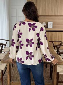 Weeklong Plus Size Women Floral Print Tie Front Lantern Sleeve Fashion Blouse - Multicolor - View 2