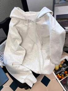 SHEIN 女士连帽拉链卫衣，休闲字母图案外套，适合教师、返校、毕业、日常穿着、冬季外套，时尚设计，女士连帽长袖卫衣 - 灰色 - 查看 2