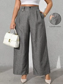 Vionelle Plus Size Women's Solid Color Front Button Flared Pants Linen Pants For Women Pants For Women High Waist Pants Wide Leg Pants Grey Pants - Dark Grey - View 1