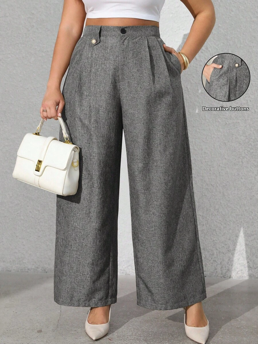 Vionelle Plus Size Women's Solid Color Front Button Flared Pants Linen Pants For Women Pants For Women High Waist Pants Wide Leg Pants Grey Pants - Dark Grey - View 1