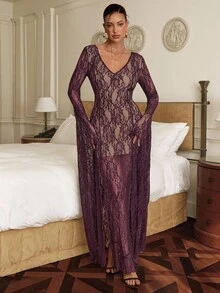 Aloruh Purple Batwing Sleeve Lace Halloween Dress - Purple - View 3
