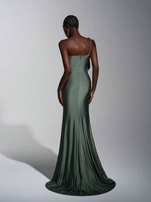 Elitara 优雅时尚的不对称领口褶皱鱼尾裙摆连衣裙，手工褶皱领口，飘逸鱼尾裙摆，适合正式场合、晚宴、商务活动、舞会、派对和节日等场合。 - 綠色 - 查看 4