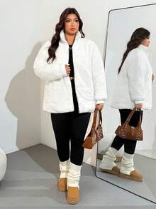 Enliva Melanieangelese Plus Size Women Casual Warm Zip-Up Stand Collar Loose Jacket, Autumn/Winter, For Apple Rounded Body Shape - White - View 5