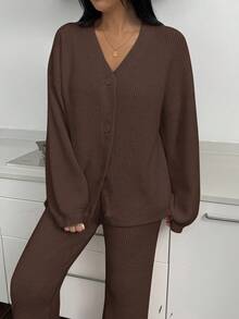 SHEIN Essnce Conjunto casual de 2 piezas de mujer con cárdigan de punto de manga larga de unicolor y pantalones de punto, para otoño/invierno - Café integral - Ver 5