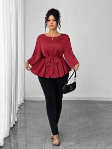 Elenzga Plus Size Round Neck Bell Sleeve Cinched Waist A-Line Blouse - Burgundy - View 6