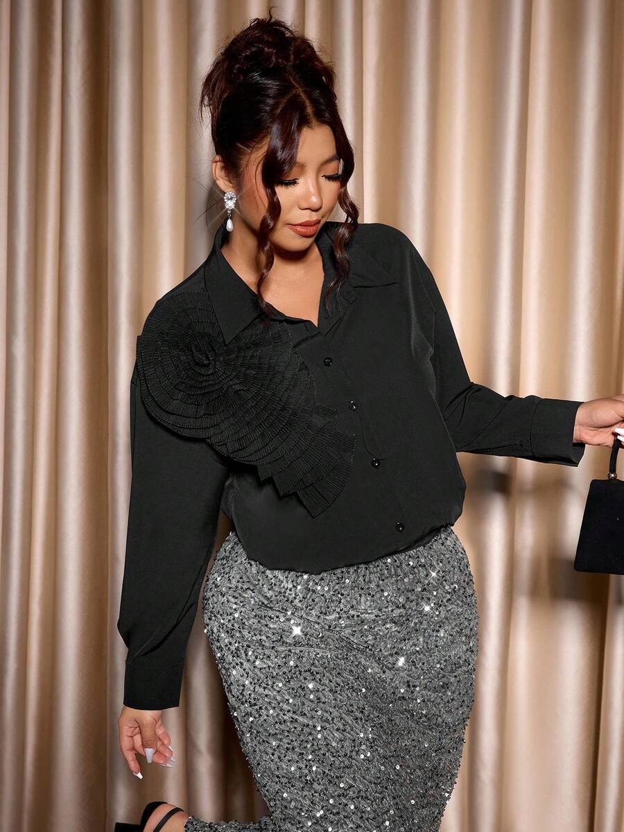 Cravure Plus Size Women's New Elegant Banquet French Luxury Socialite Style High-End Floral 3D Design Long Sleeve Blouse - Black - View 1