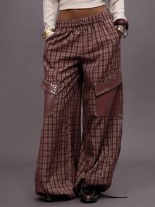 MUSERA Pantalones de pierna ancha con detalles de bolsillo con parche de tachuelas a cuadros, cintura elástica, para salir de noche, streetwear, lindos, de vuelta a la escuela, sexy