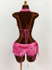 Amplova 深垂领露背短款上衣和破洞迷你短裤两件套 - 玫紅色 - 查看 3