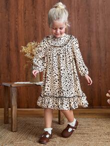 Blossori 年轻女孩法式优雅荷叶边下摆圆领长袖碎花连衣裙 - 黑與白 - 查看 6