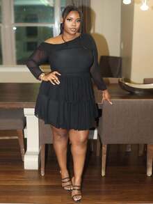 Hourglow Ceceforeign_ Plus Size Elegant Sweet Sexy Women's Black Mesh Asymmetrical Oblique Shoulder Long Sleeve Ruffled Hem Mini Dress, Fairy Core Dress, Suitable For Valentine's Day, Summer, Birthday, Plus Size Formal Party, For Hourglass Body Shape - Black - View 8