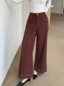 Feyla Women's Casual Wide Leg Button Pocket Pants - Brown - View 4
