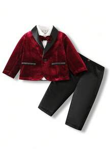 SHEIN 3pcs/Set Baby Boy Velvet Blazer Suit, Includes Red Blazer, White Shirt With Bow Tie , And Black Pants. Elegant Gentleman Outfit Suitable For Indoor, Outdoor, Daily Wear, Party, Photography, Wedding, Baby Shower, Christmas, New Year Autumn Winter Clothes - Red - View 3