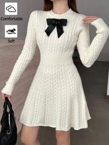 SHEIN Teen Girls Sweater Dresses Elegant Contrast Bow Decor Waisted Cable Knit Sweater Dress/Halloween/Fall/Winter/Glowmode/Autumn/Christmas/Y2k/Pink Cute Girl Dress Long Sleeve White Cable Knit Sweater Dress Bow Knit Dress Korean Dress For Teens - Apricot - View 3