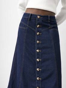 Maija Chân váy denim mini cài nút phía trước đa năng, thường ngày dành cho nữ - Rửa tối - Xem 5