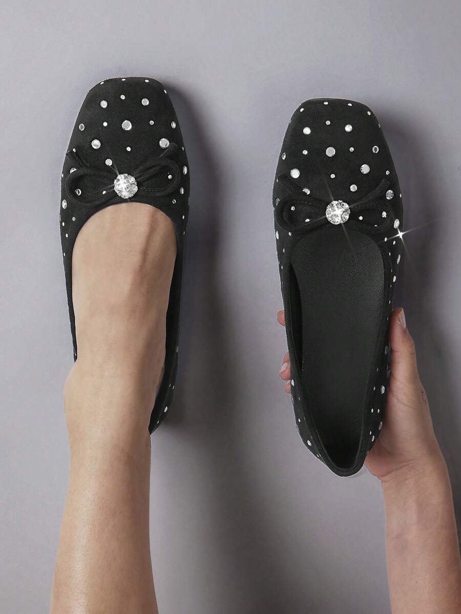 Solezae Bailarinas con strass y lazo para mujer - Negro - Ver 1