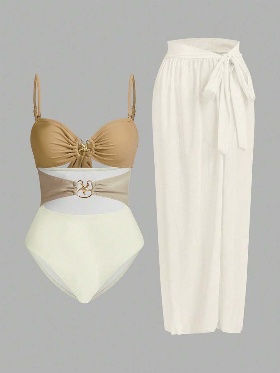 Swim Oasis Colorblock Cut Out Summer Beach One Piece Swimsuit One Piece Bathing Suit & Solid Beach Cover Up Skirt