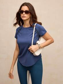 Activina Camiseta deportiva casual de unicolor, estilo minimalista adecuada para gimnasio de verano para mujeres - Azul Marino - Ver 6