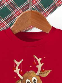 SHEIN 2 Peças/Conjunto Casual Infantil/Bebê Unissex - Moletom de Manga Longa com Estampa Fofa de Rena e Calça de Moletom, Confortável e Fashion para Outono/Inverno/Primavera