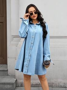 EMERY ROSE 女式长袖单排扣休闲宽松牛仔衬衫裙