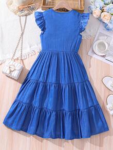 SHEIN Tween Girls' Sleeveless Denim Dress With Button Front, Lightweight For Spring/Summer - Blue - View 2