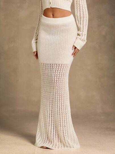 SHEIN Glamour Women's Solid Color Fitted Hollow Out Casual Knit Fashion Sweater Skirt Knitted Sweater Long Skirt Crochet Skirt Knitted Skirt Knit Sweater Skirt