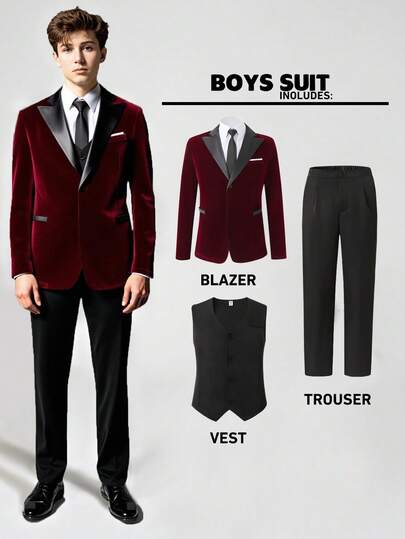 SHEIN 3pcs Teen Boy Gentleman Suit Set: Burgundy Velvet Collar Slim Fit Single-Breasted Blazer + Black Slim Fit Vest + Black Dress Pants. Elegant, Casual Outdoor Formal Outfit Suitable For Birthday Party, Evening Event, Performance, Hosting, Wedding Season (Birthday, Wedding, Wedding Guest, Pageboy, Ring Boy)