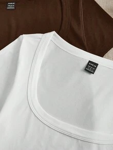 SHEIN EZwear 2pcs Brown & White Casual Minimalist Round Neck Short Sleeve Cropped Fitted Women T-Shirts - Multicolor - View 4