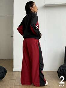 SHEIN Coolane 女士秋冬街头服饰外出复古时尚撞色健身运动黑红宽松外套和降落伞裤，2 件 - 彩色 - 查看 5