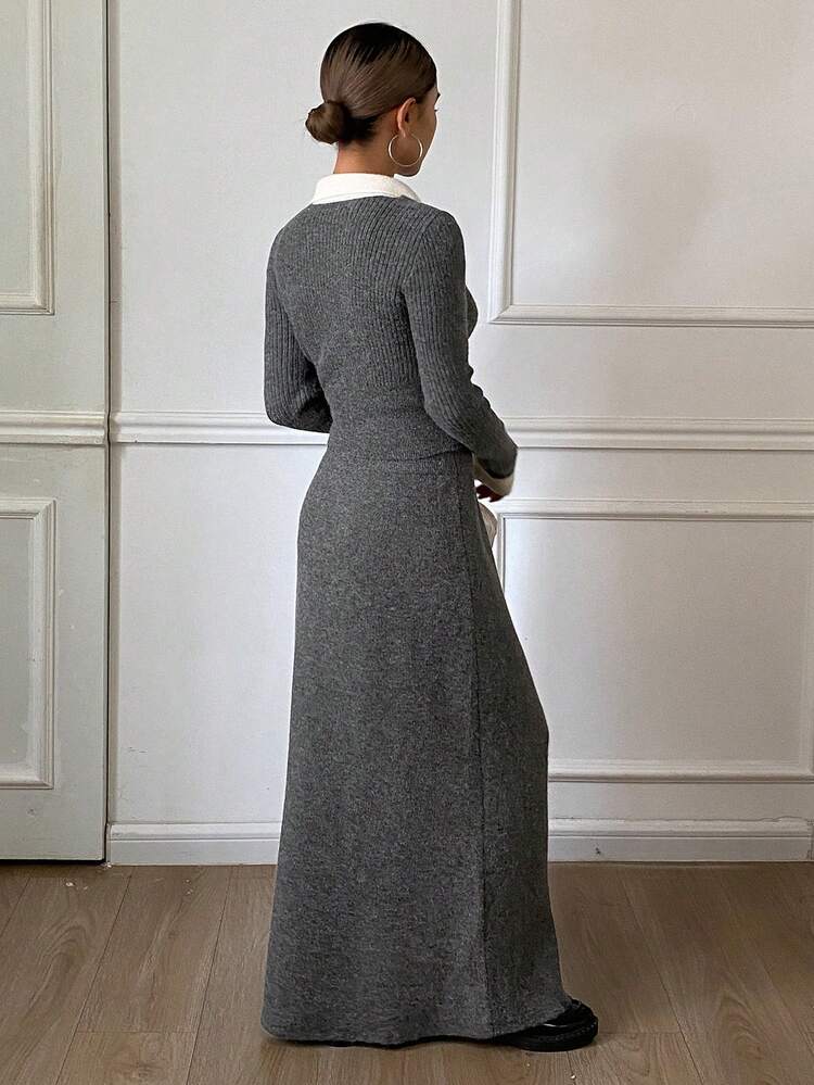 Women's Elegant Casual Autumn/Winter Thick Knit Sweater & A-Line Skirt 2 Pieces Set, Patchwork Color Block Collared Long Sleeve