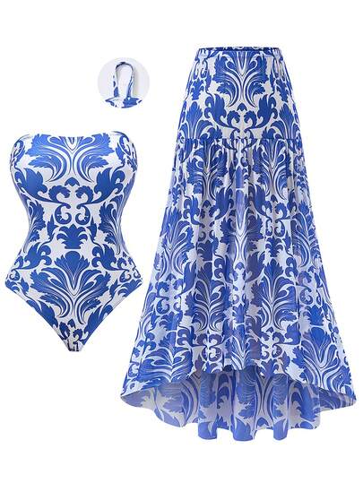 Swim Oasis Plus Size Women Swimsuit, Casual Beach Resort High-End Placement Print Adjustable Strap Tankini Two Pieces Set