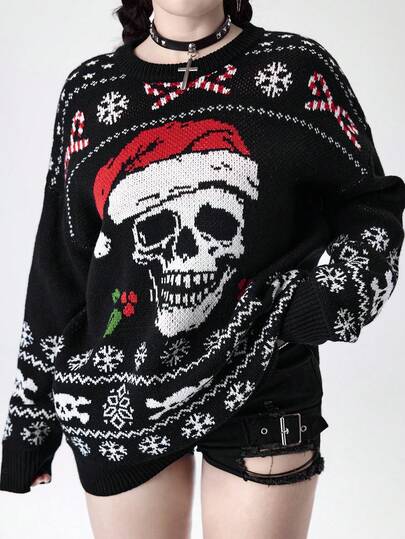 Goth Pull ample style gothique avec chapeau de Père Noël crâne