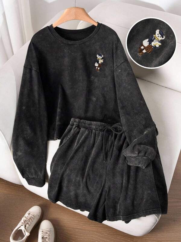 CosyJoli Conjunto de 2 piezas para mujer talla grande, sudadera de manga larga lavada y shorts lavados, uso casual diario, conjunto de 2 piezas de moda y cómodo para talla grande