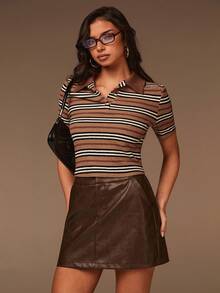 Athîral Blusa de rayas marrón, estilo retro de cuello polo y silueta delgada, estilo universitario, para el look de Año Nuevo de la mujer - Multicolor - Ver 5