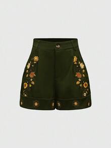 ROMWE Hippie 女士向日葵刺绣口袋卷边阔腿宽松休闲短裤 - 綠色 - 查看 1