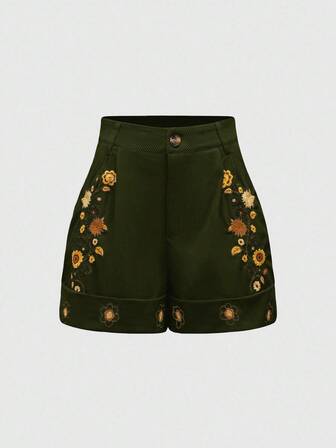 Hippie Women's Sunflower Embroidered Pocketed Cuffed Wide Leg Loose Casual Shorts