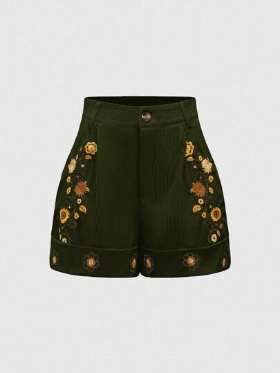 Hippie Pantaloncini casual larghi e morbidi da donna con ricamo di girasole e tasche, con polsini