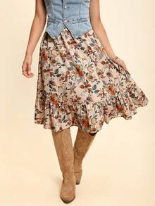 Coeurva Floral Print Ruffle Hem Skirt, For Vacation, Autumn - Multicolor - View 3
