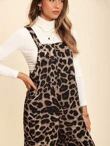 Coeurva Women's Casual Leopard Print Pocket Loose Jumpsuit Cheetah Print - Khaki - View 7