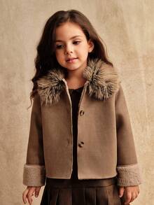 SHEIN Young Girls Fluffy Faux Thermal Lined Long Sleeve Jacket, Casual Loose Fit Outerwear, Autumn/Winter