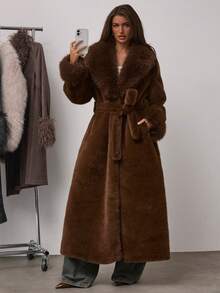 SHEIN BAE Women's Solid Color Shawl Collar Long Sleeve Pocket Belt Design Long Faux Fur Fashion Jacket Brown Outfits For Women Luxury Clothes For Women Brown Clothes Women Winter Clothes - Mocha Brown - View 3