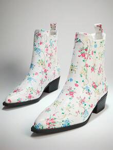 Solezae Botines de tacón grueso con estampado floral, estilo occidental casual y elegante para mujer - Beis - Ver 7